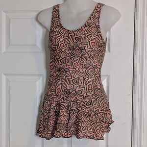 Libra Pink Black Abstract Vintage One Piece Skirted Swimsuit‎ Size Medium